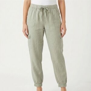 Nicole Miller Linen Cargo Joggers Sz L Sage Green Elastic Drawstring Waist Luxe